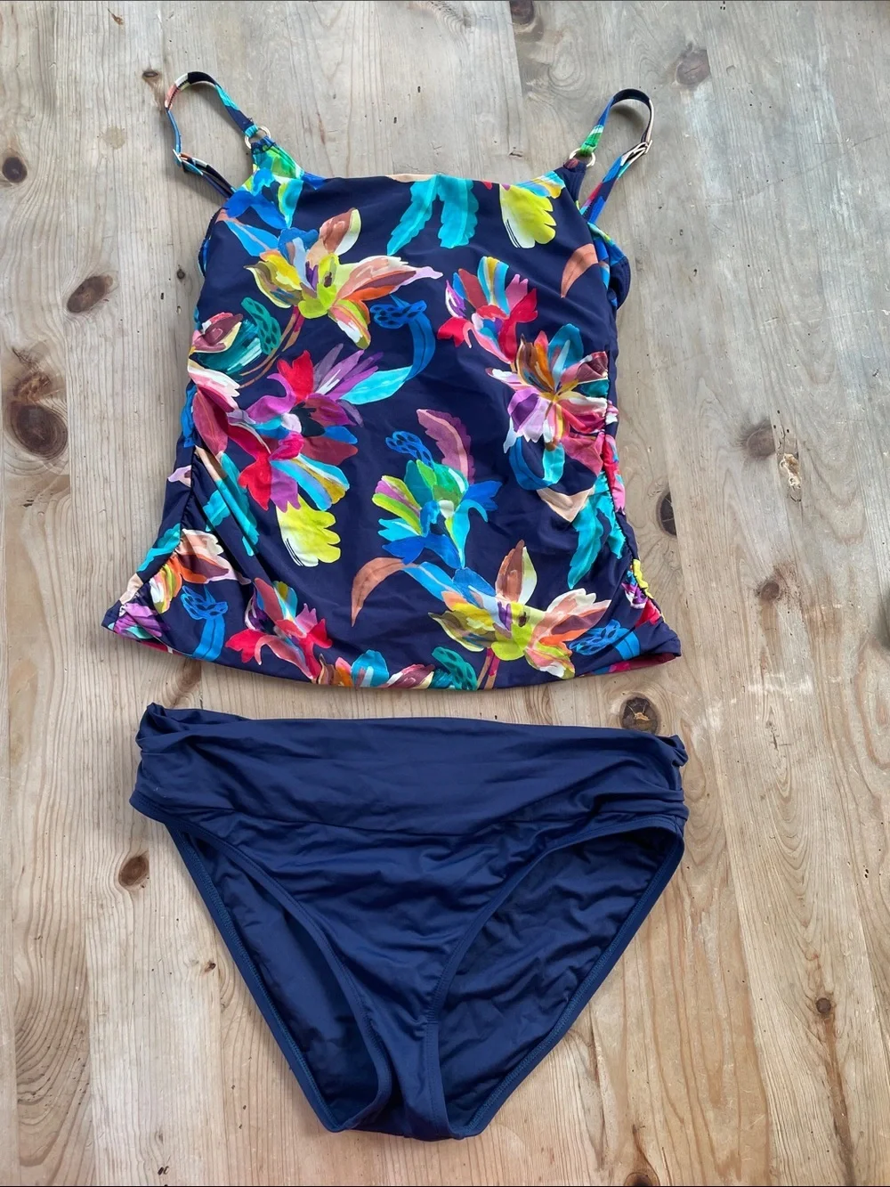 La Blanca Size 10 Floral Tankini Set  Banded Bikini Bottoms Navy Tropical Swim